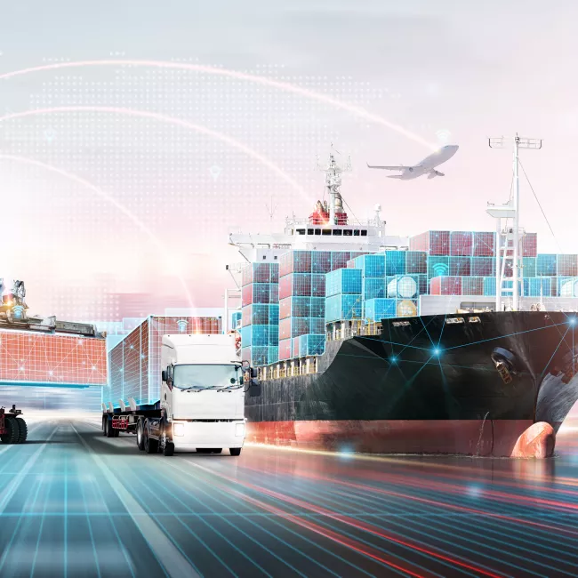 container ship, truck and lift transporting cargo with overlay of digital network 