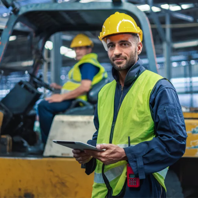 Man in hard hat holding a tablet