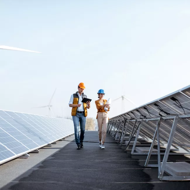 Two engineers examining solar panels on a rooftop with windmills in the distance