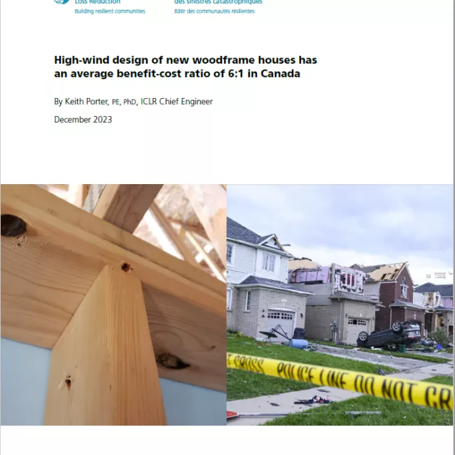 Cover of High Winds Report showing wooden house frame and wind-damaged houses