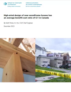 Cover of High Winds Report showing wooden house frame and wind-damaged houses