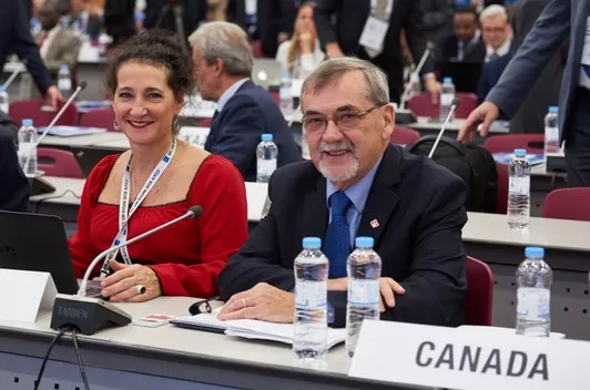 Lynne Gibbens, SCC Manager, International Standards Development, IEC and Jacques Régis, former President of CANC/IEC at the 2019 IEC General Assembly in Shanghai, China.