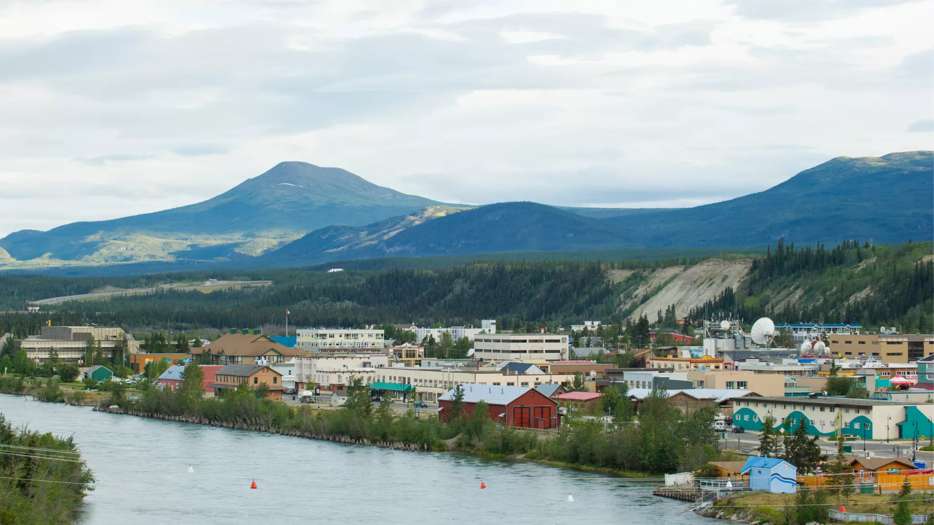 Aerial view of a Yukon town on the waterfront