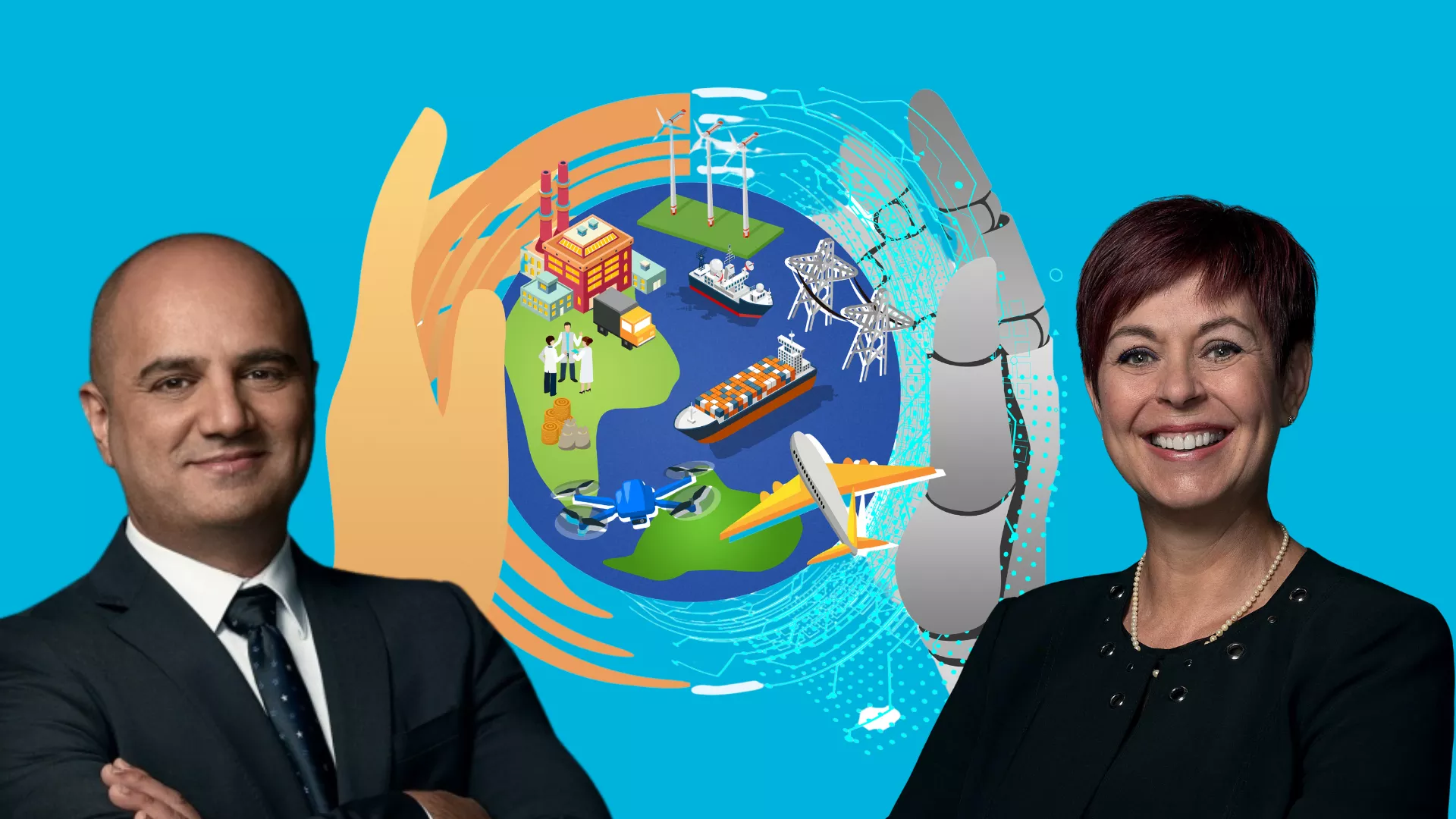 Photo of Elias Rafoul and Chantal Guay in front of a graphic of a stylized globe with one human hand and one robot hand holding it.